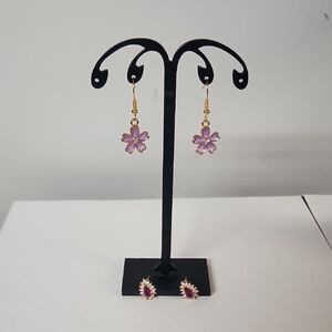 Elegant Purple Flower Earrings and Rhinestone Stud Set